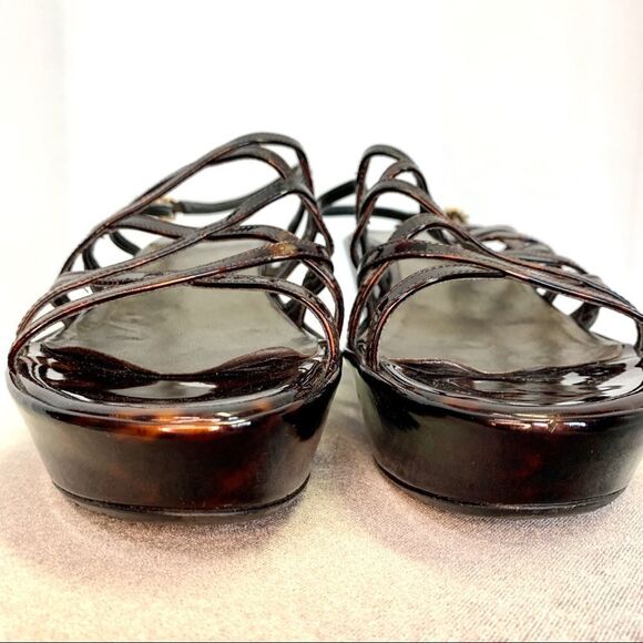 Stuart Weitzman tortoise patent strappy wedge sandal Sz 8 - Picture 6 of 10